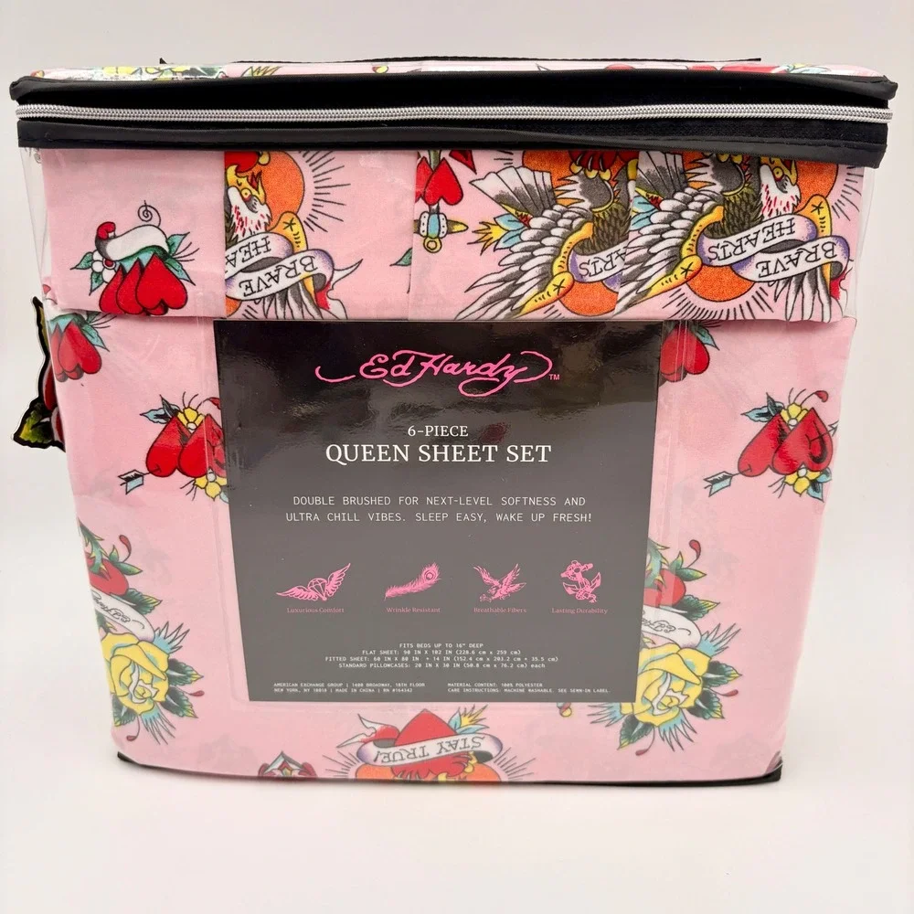 Ed Hardy Pink Tattoo Flash‎ Queen Sheet Set 6 Piece Tiger Eagle Hearts NEW